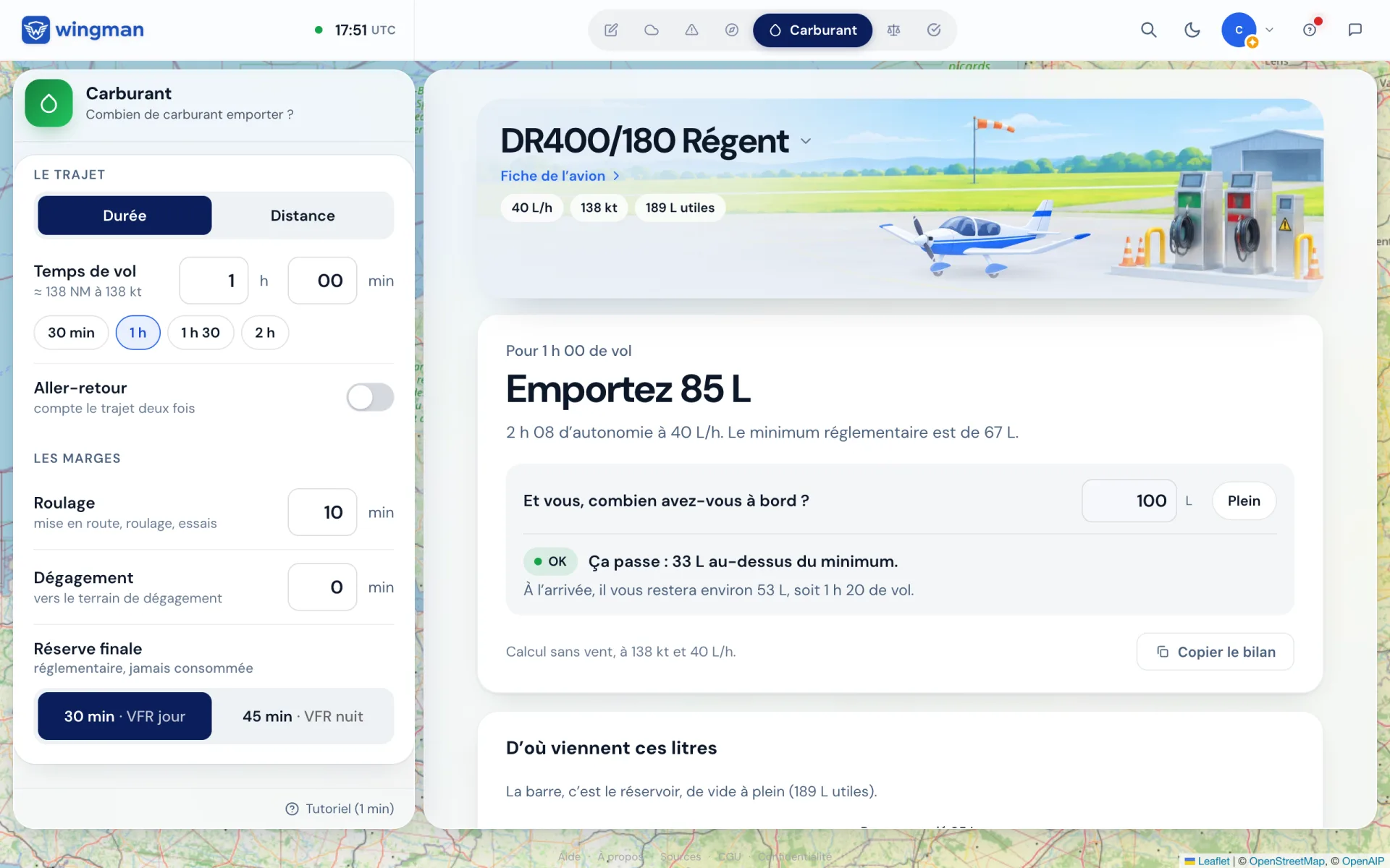 Le calcul sans route : une heure de vol, « Emportez 85 L ».