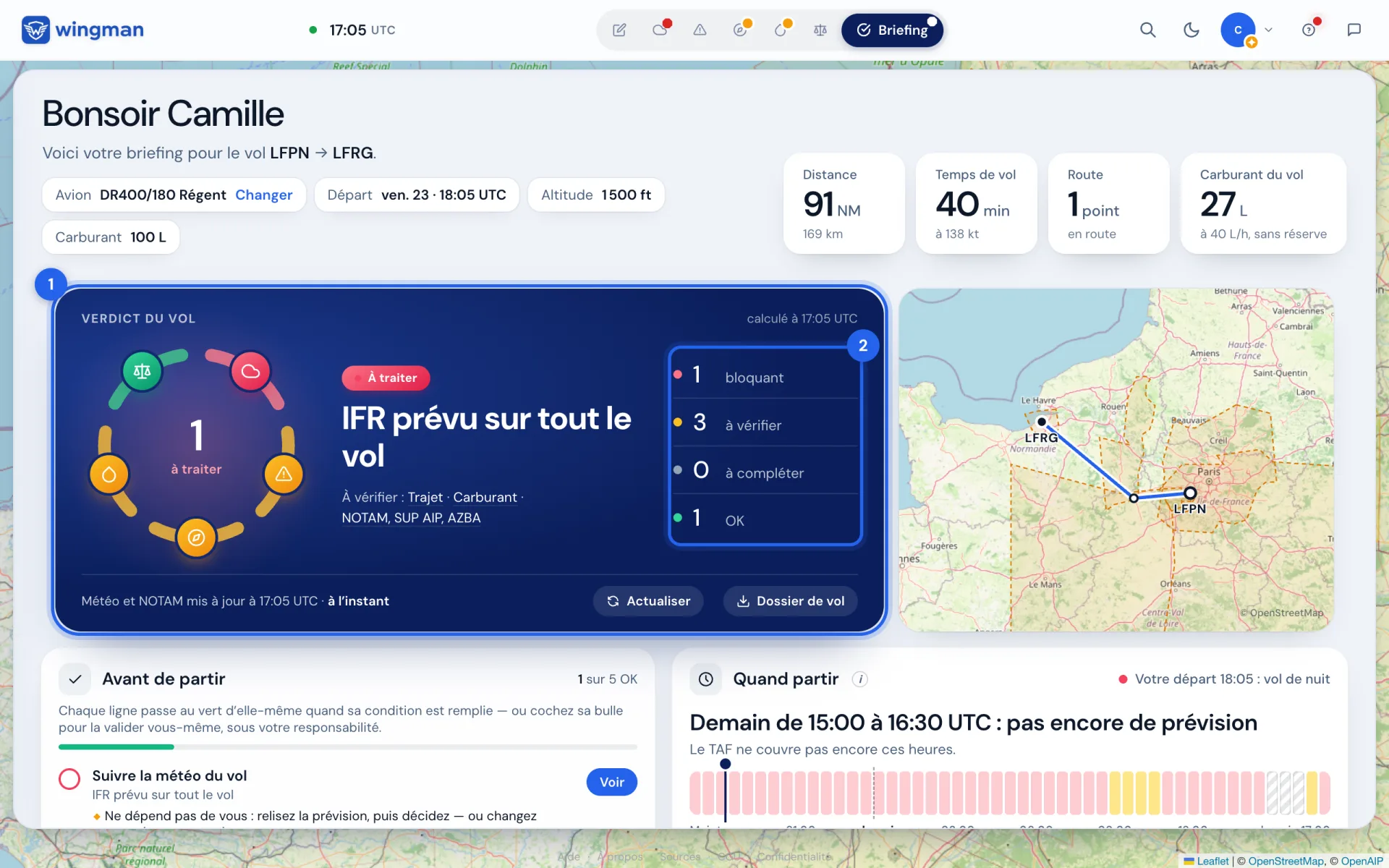 Le verdict du vol, la roue des cinq vérifications et la carte du vol.