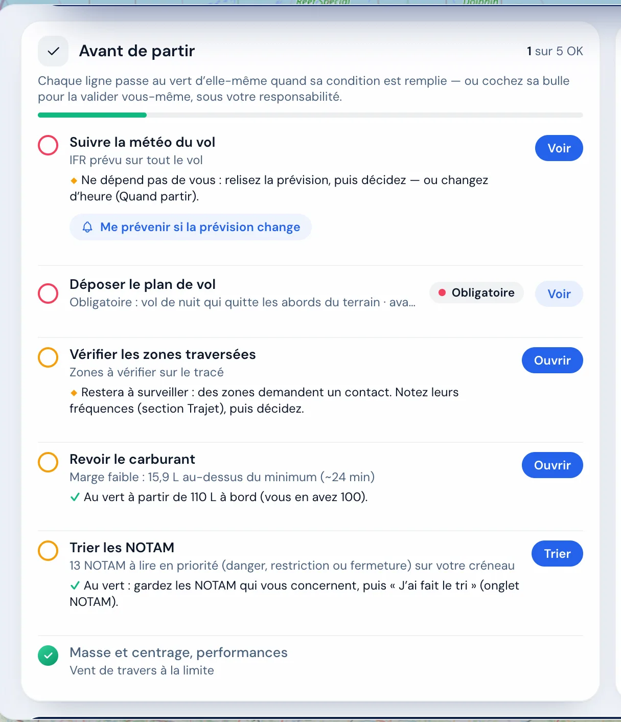 « Avant de partir » : une ligne par section, de la plus grave à la plus verte.