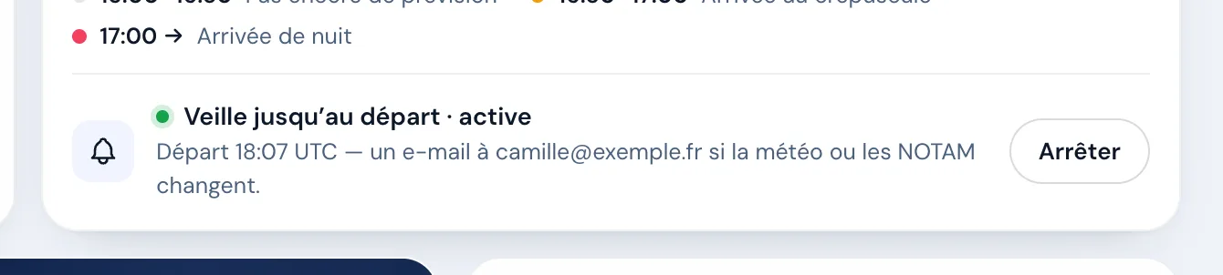 La veille active : départ, adresse, et « Arrêter ».