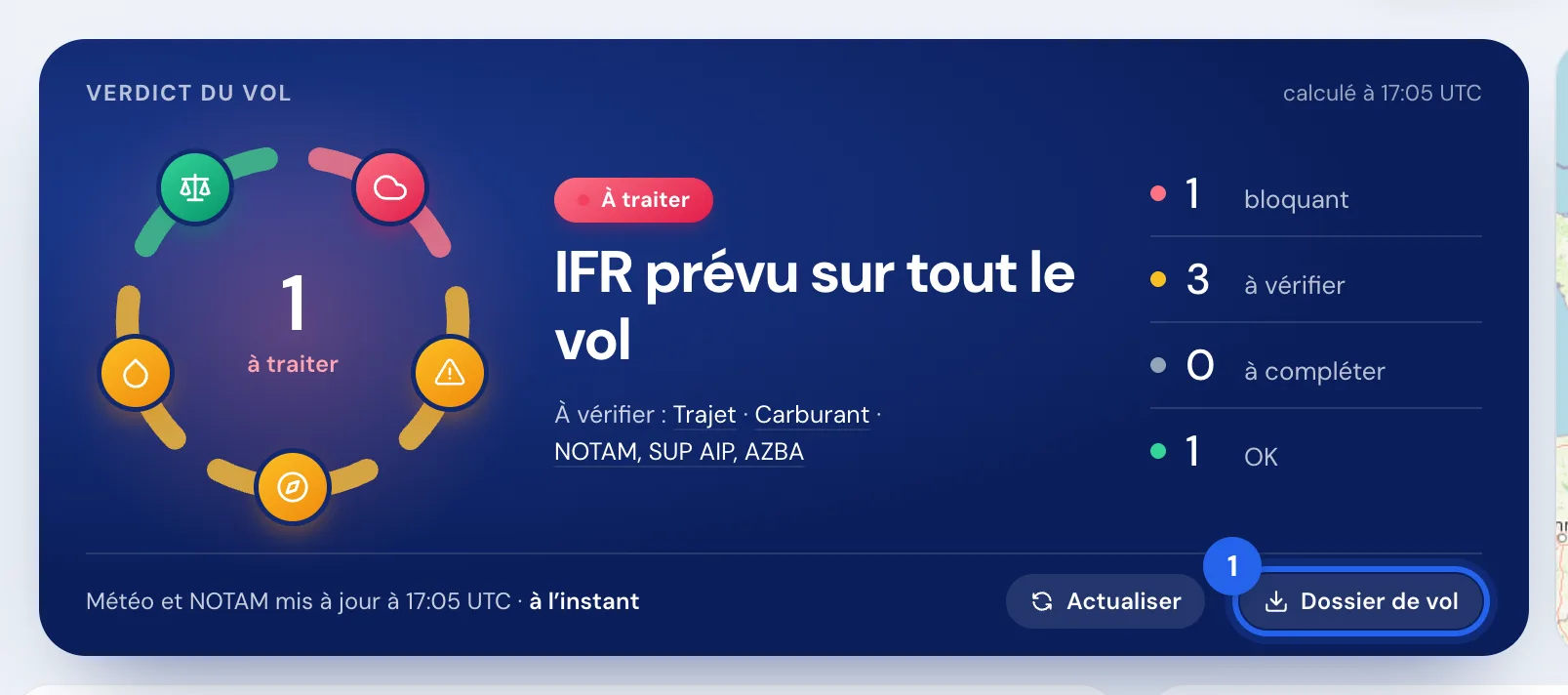Le bouton « Dossier de vol » (1), sur la carte du verdict.