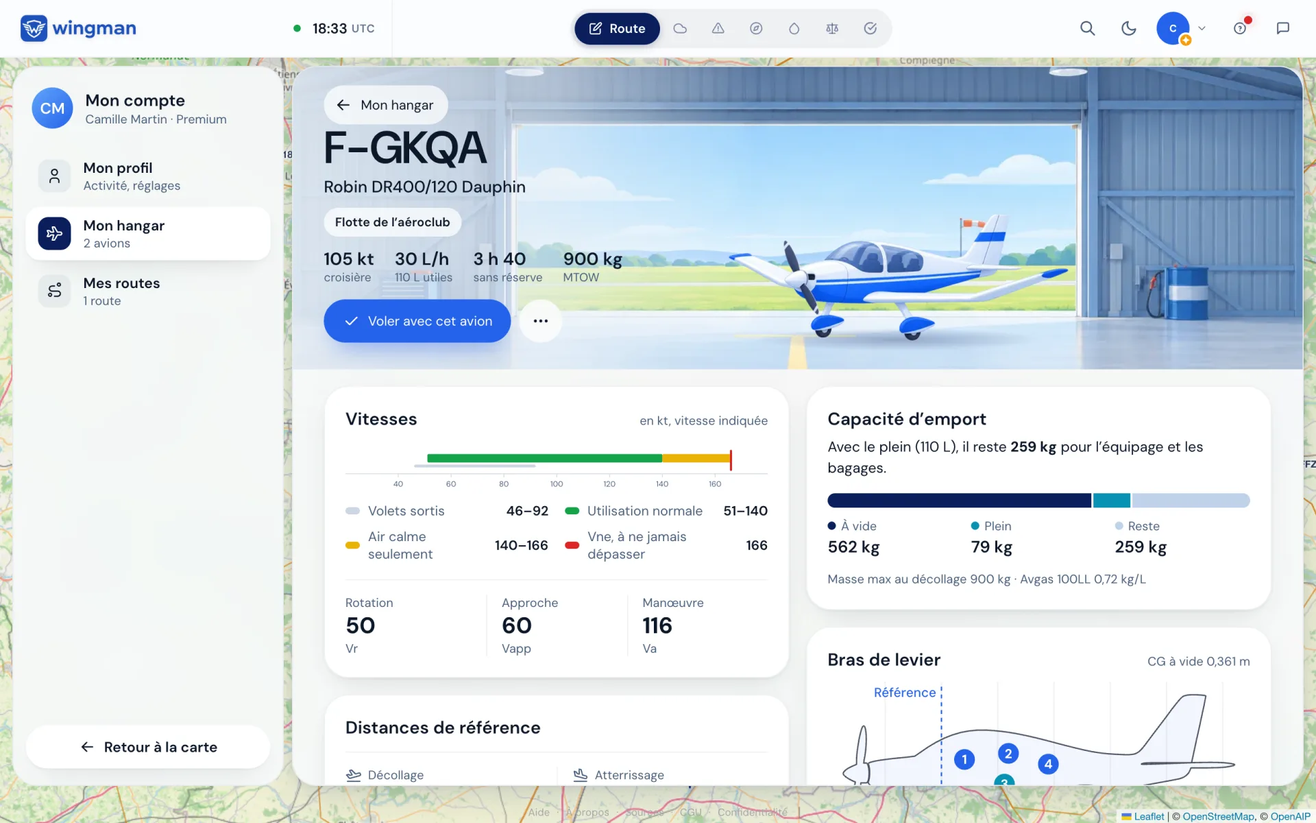 La fiche d’un avion du club : vitesses, capacité d’emport, bras de levier.