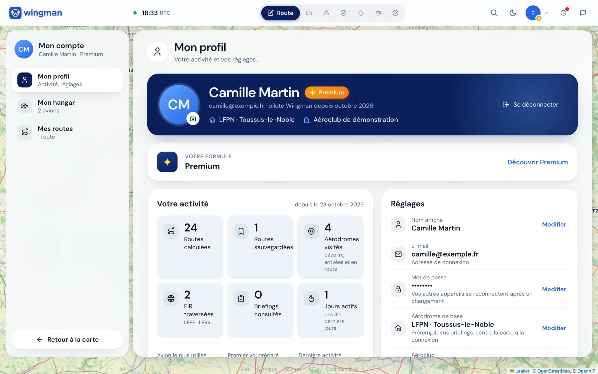 Mon profil : la carte de pilote, la formule, l’activité et les réglages.